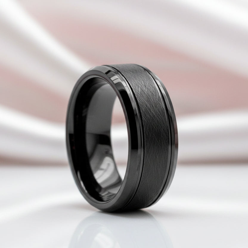 8mm Black Simple Messed Brushed Tungsten Carbide Men's Wedding Band-Black Diamonds New York