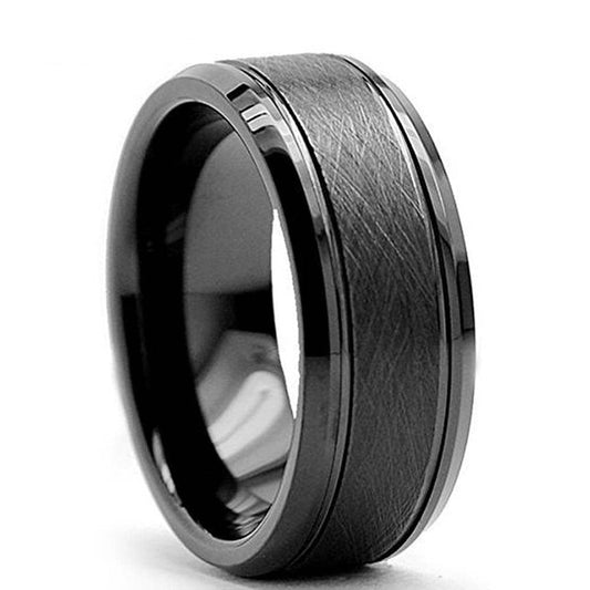 8mm Black Simple Messed Brushed Tungsten Carbide Men's Wedding Band-Black Diamonds New York