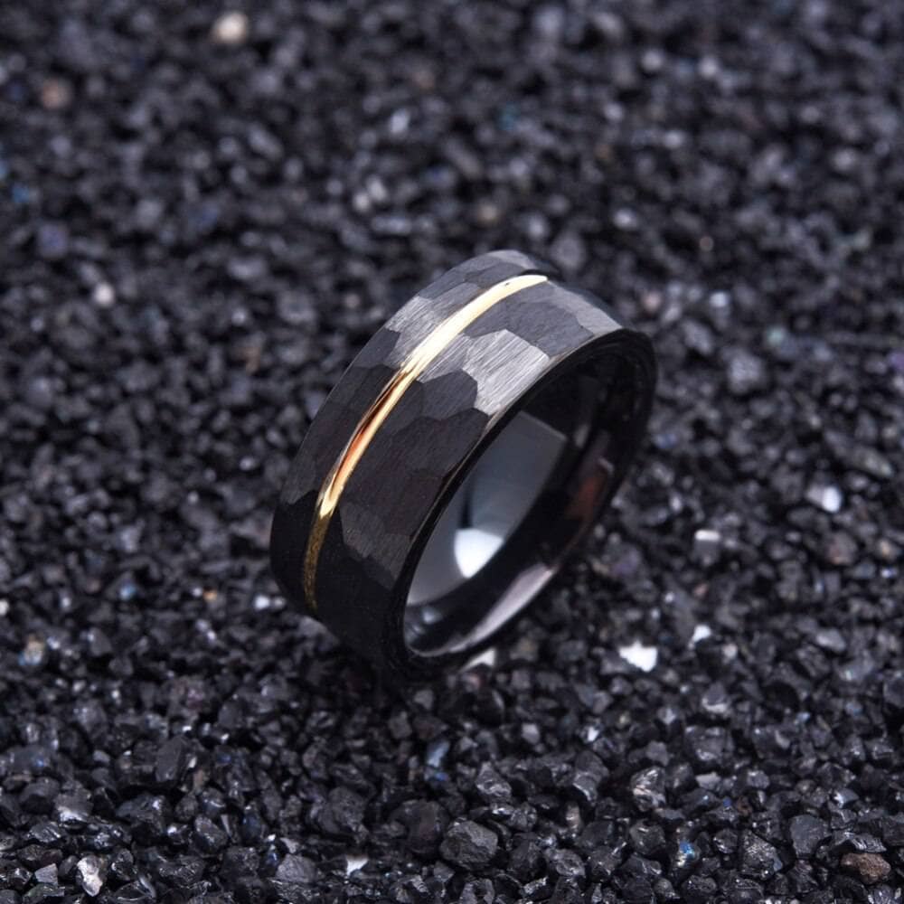 8mm Black with Rose Gold Tungsten Carbide Hammer Matte Finish Wedding Band-Black Diamonds New York