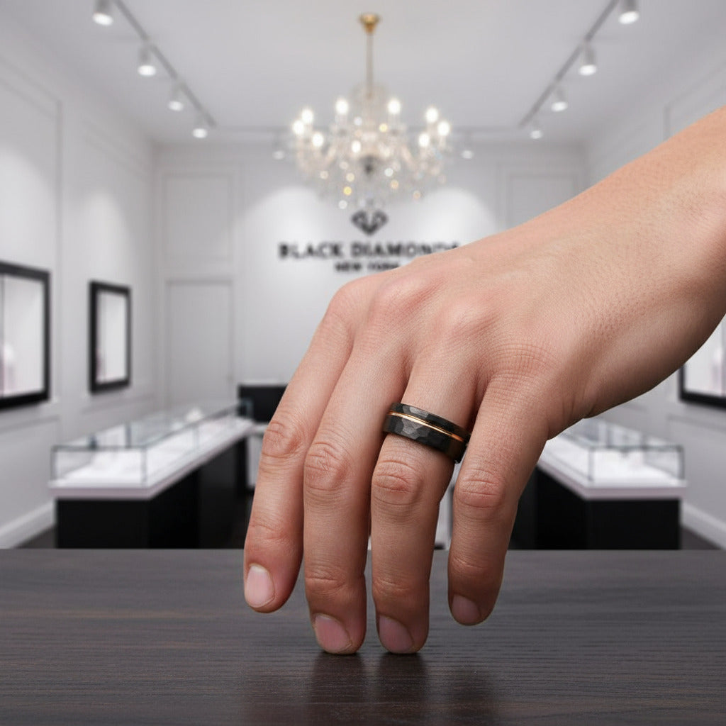 8mm Black with Rose Gold Tungsten Carbide Hammer Matte Finish Wedding Band-Black Diamonds New York