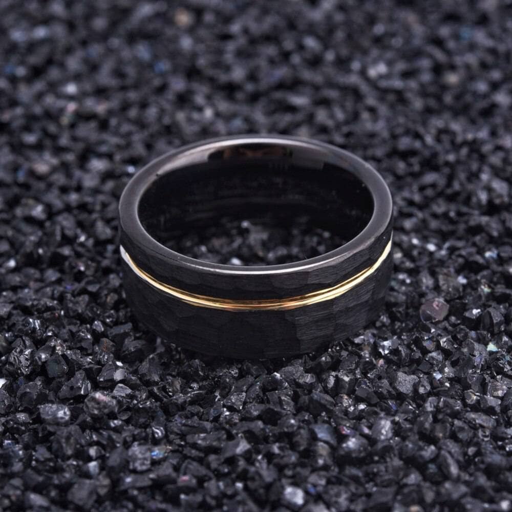 8mm Black with Rose Gold Tungsten Carbide Hammer Matte Finish Wedding Band - Black Diamonds New York