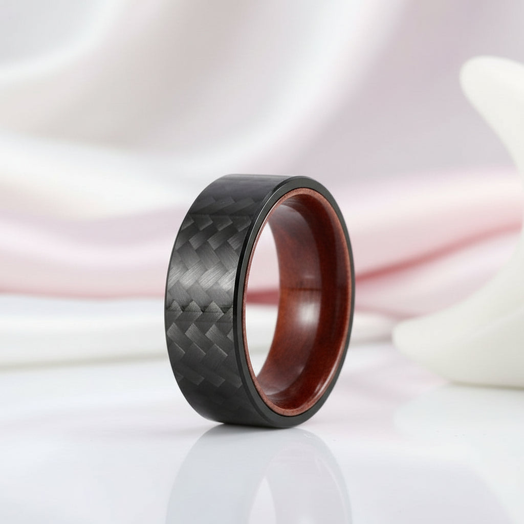 8mm Carbon Fiber Shell And Rosewood Men's Wedding Band-Black Diamonds New York