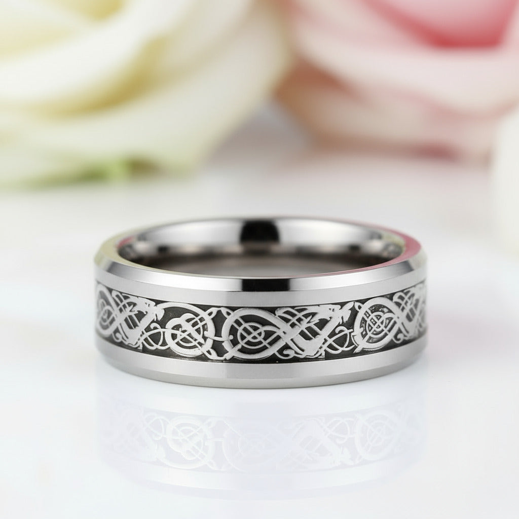 8mm Celtics Dragon Tungsten Carbide Men's Ring-Black Diamonds New York