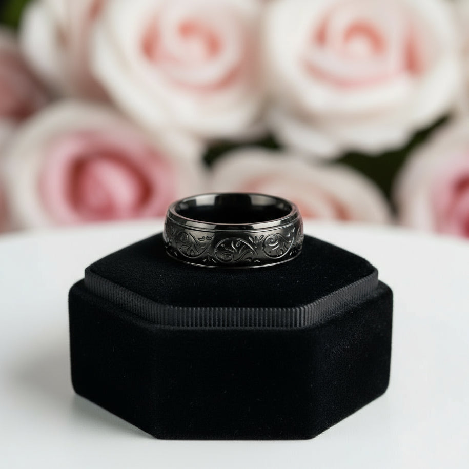 8mm Engraved Men's Wedding Band-Black Diamonds New York