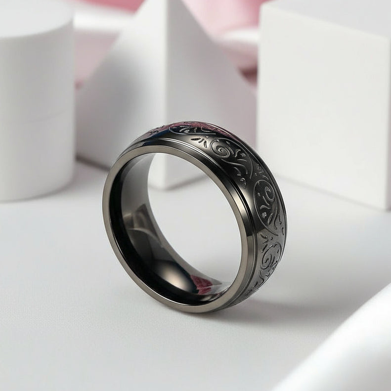 8mm Engraved Men's Wedding Band-Black Diamonds New York