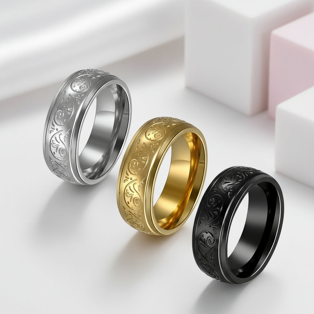 8mm Engraved Men's Wedding Band-Black Diamonds New York