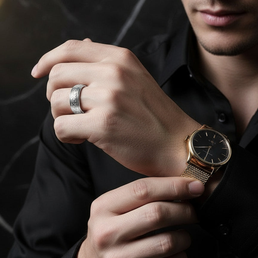 8mm Engraved Men's Wedding Band-Black Diamonds New York