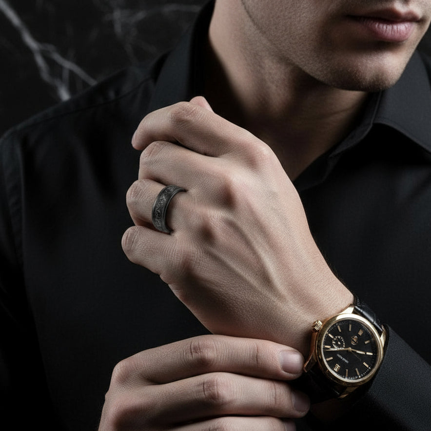 8mm Engraved Men's Wedding Band-Black Diamonds New York