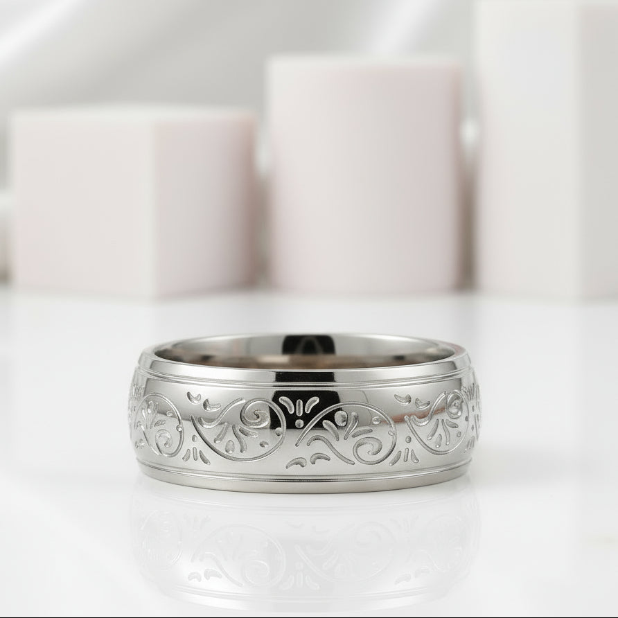 8mm Engraved Men's Wedding Band-Black Diamonds New York