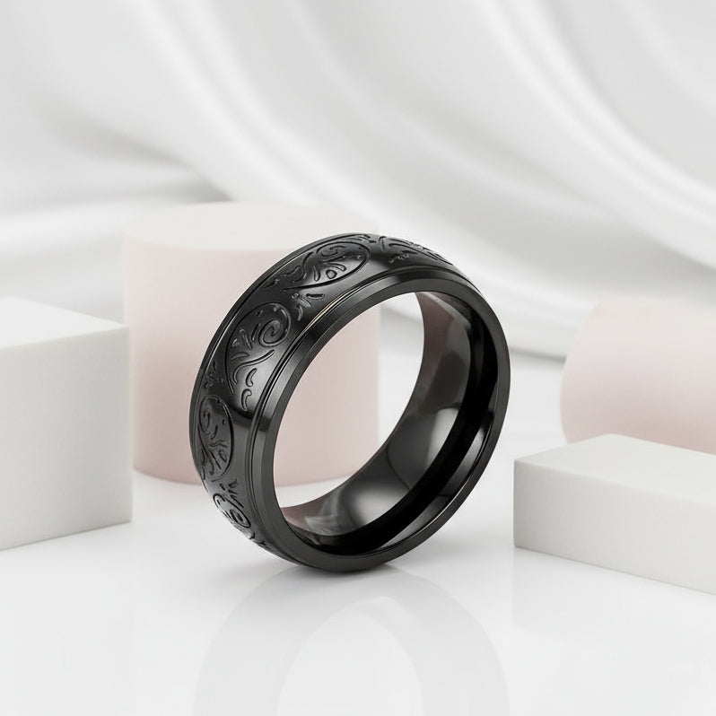 8mm Engraved Men's Wedding Band-Black Diamonds New York