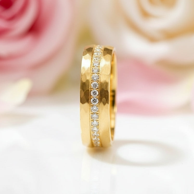 8mm Half Eternity Diamond Hammered Wedding Band-Black Diamonds New York