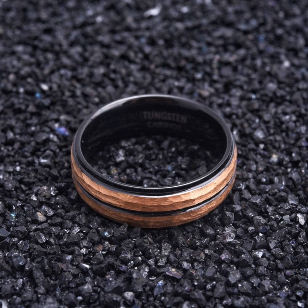 8mm Men Rose Gold & Black Hammered Tungsten Carbide Ring Band-Black Diamonds New York