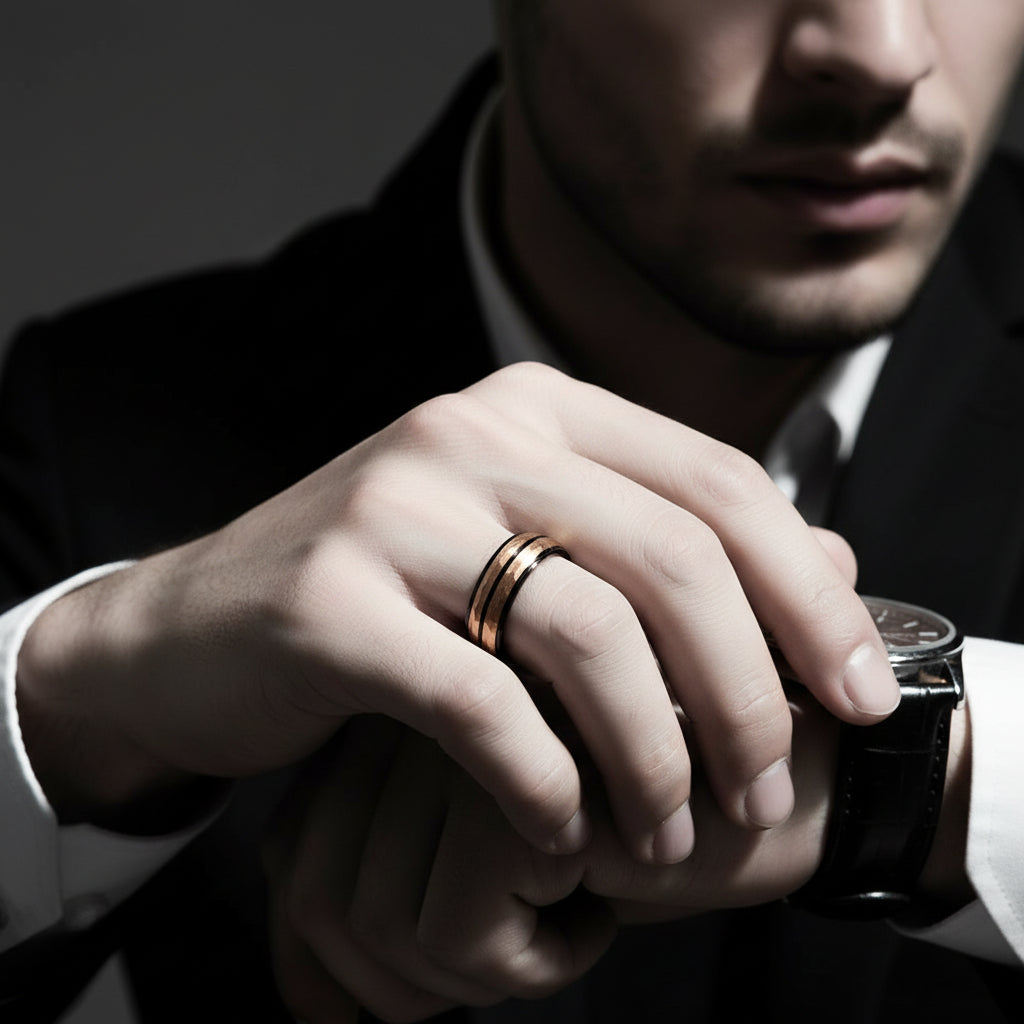 8mm Men Rose Gold & Black Hammered Tungsten Carbide Ring Band-Black Diamonds New York