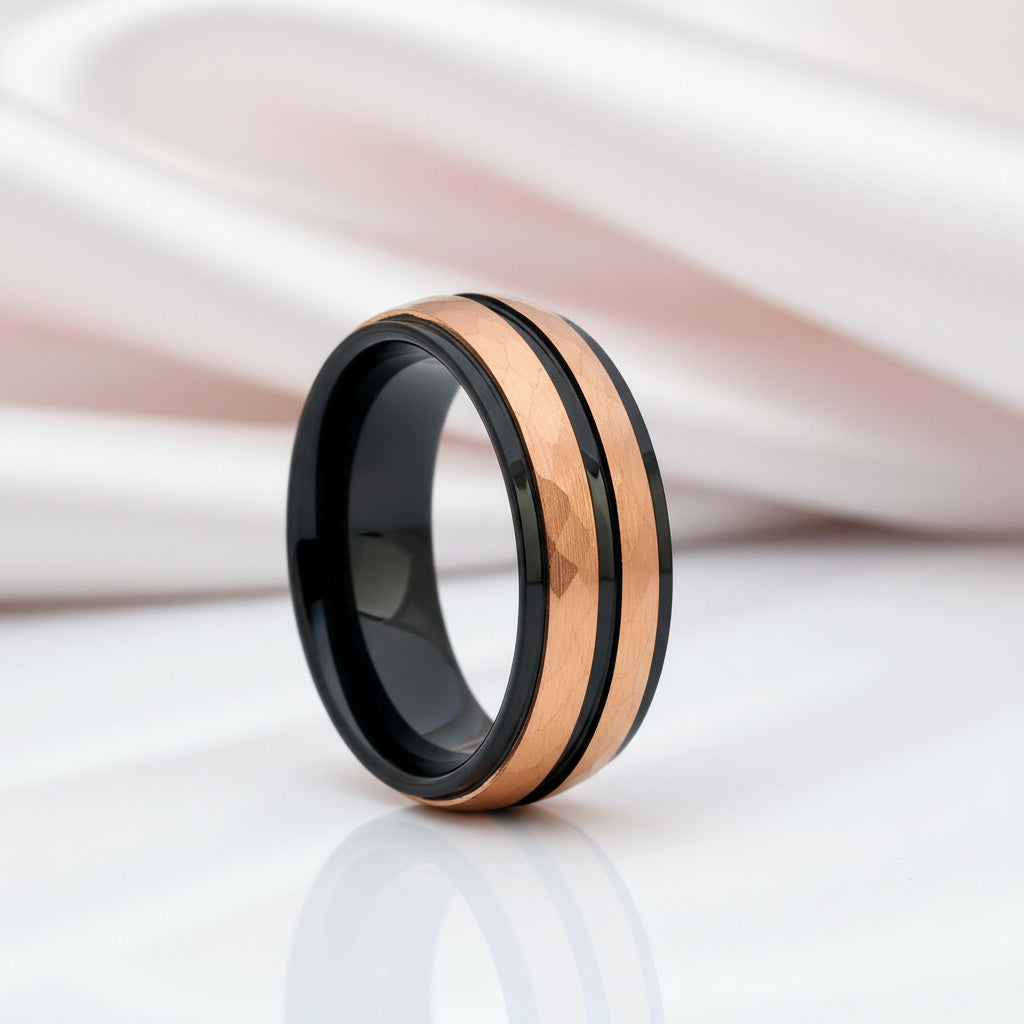 8mm Men Rose Gold & Black Hammered Tungsten Carbide Ring Band-Black Diamonds New York