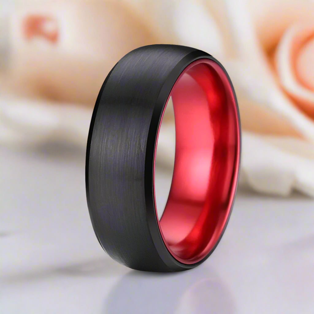8mm Solid Red Brushed Dome Tungsten Carbide Men's Wedding Band-Black Diamonds New York