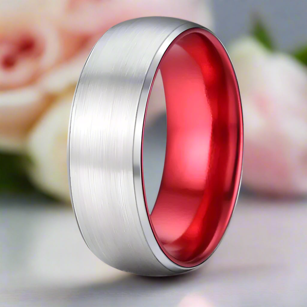 8mm Solid Red Brushed Dome Tungsten Carbide Men's Wedding Band-Black Diamonds New York