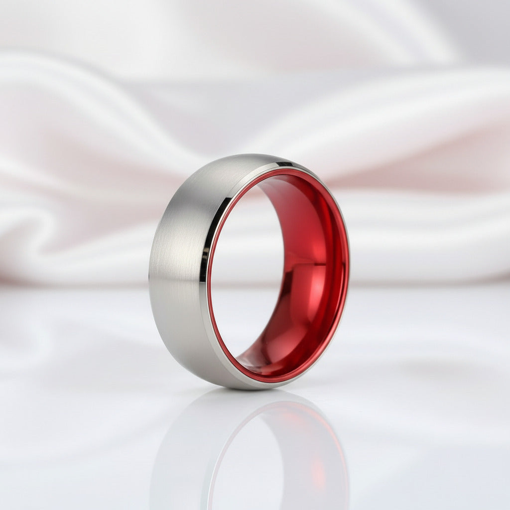 8mm Solid Red Brushed Dome Tungsten Carbide Men's Wedding Band-Black Diamonds New York