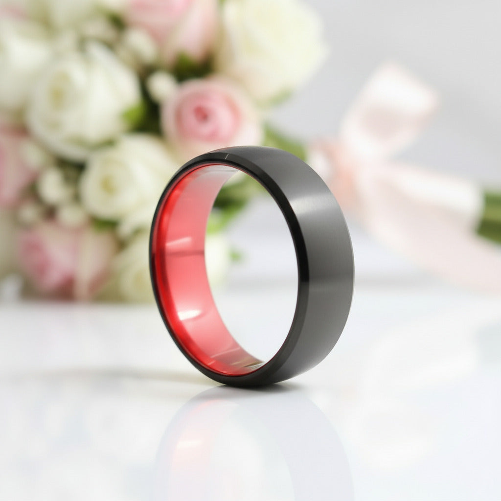 8mm Solid Red Brushed Dome Tungsten Carbide Men's Wedding Band-Black Diamonds New York