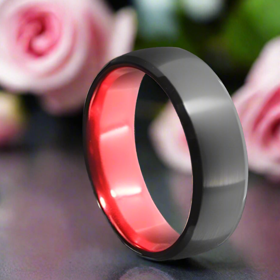 8mm Solid Red Brushed Dome Tungsten Carbide Men's Wedding Band-Black Diamonds New York