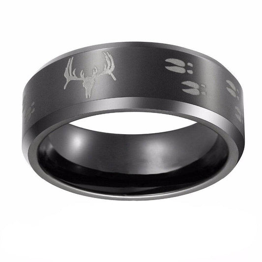8mm Tungsten Carbide Wedding Band with Engraved Deer-Black Diamonds New York