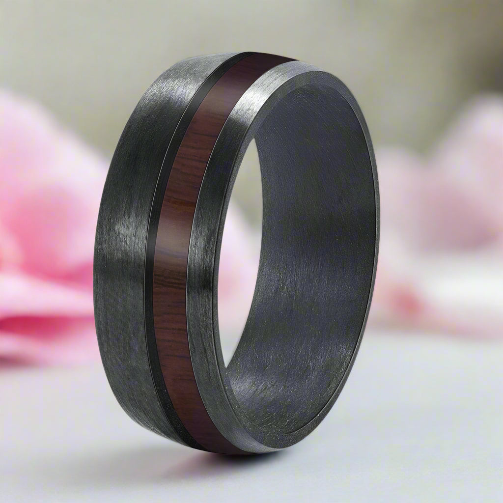 8mm Wide Carbon Fiber Ring Inlaid Veneer Men's Wedding Band-Black Diamonds New York