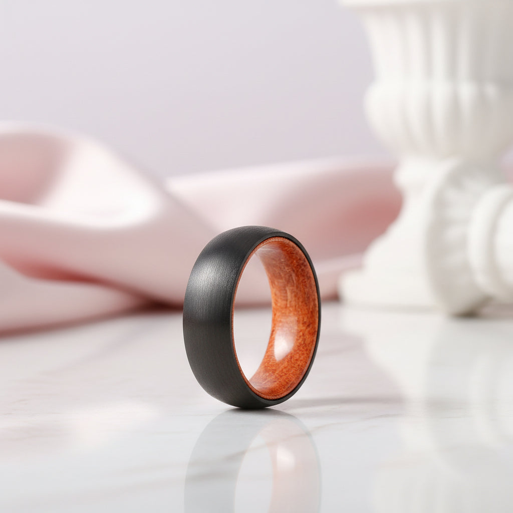 8mm Wooden Inlay & Black Surface Tungsten Carbide Ring-Black Diamonds New York