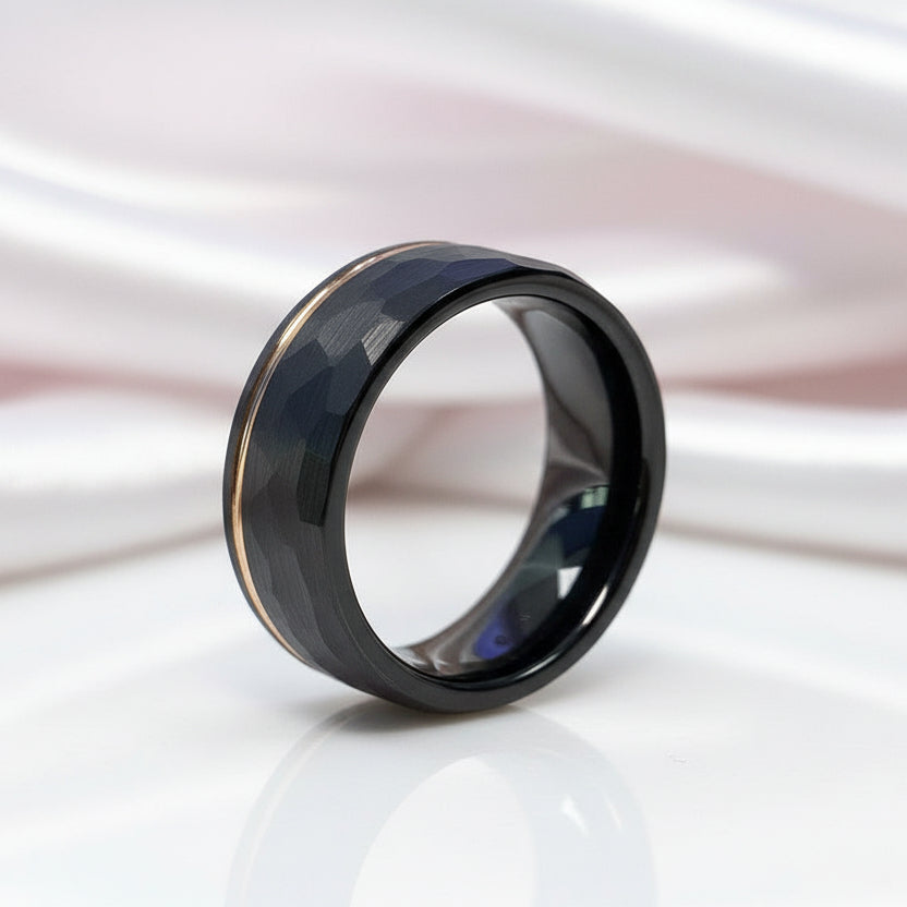 8mm Black Faceted Tungsten Carbide with Rose Gold Line-Black Diamonds New York