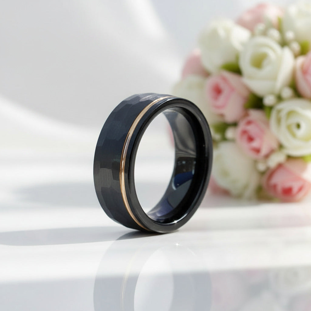 8mm Black Faceted Tungsten Carbide with Rose Gold Line-Black Diamonds New York