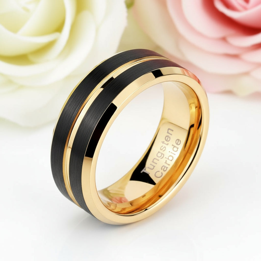 8mm Black and Gold Tungsten Men's Wedding Band-Black Diamonds New York