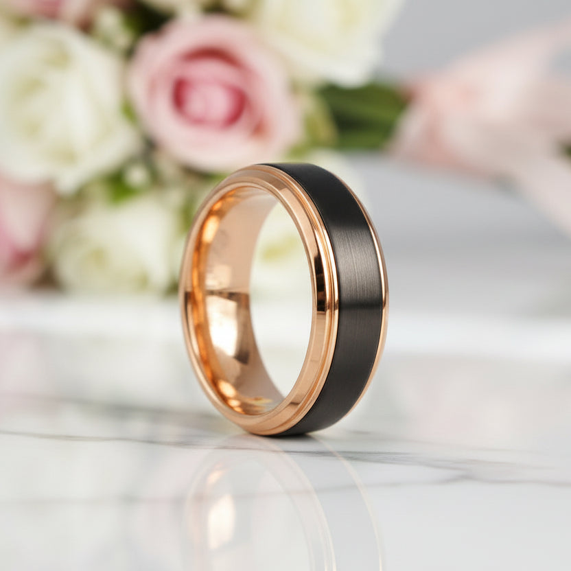 8mm Black and Rose Gold Tungsten Carbide Men's Wedding Ring-Black Diamonds New York