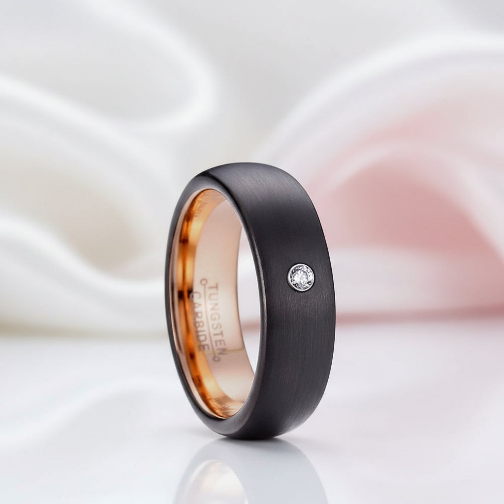 8mm Diamond Option Black Tungsten Wedding Band with Rose Gold Inner Band-Black Diamonds New York
