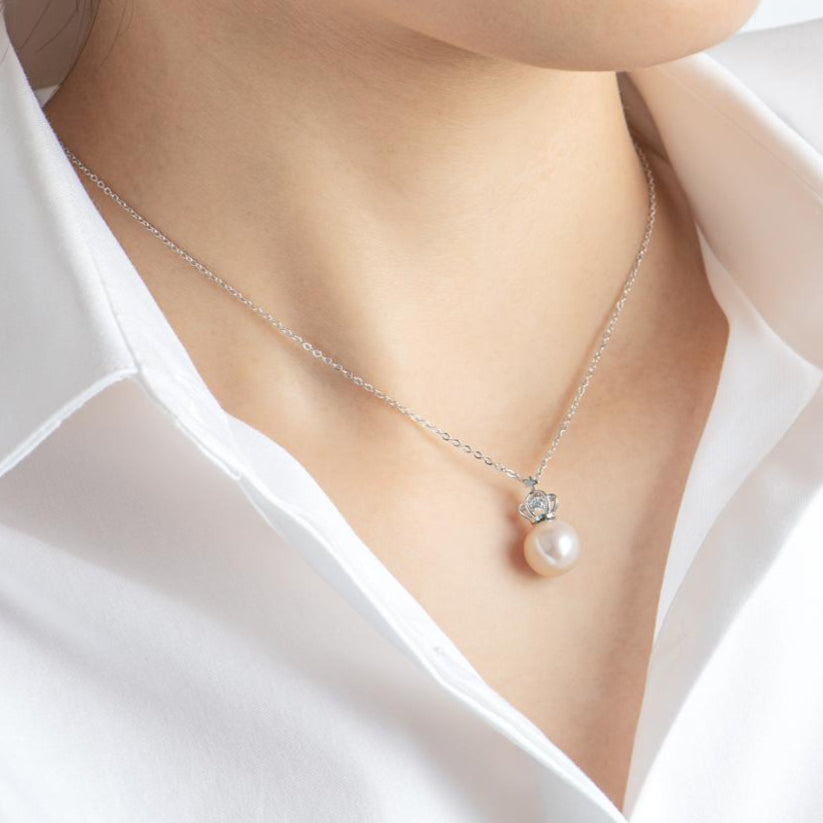 Freshwater Pearl Crown Pendant Necklace-Black Diamonds New York