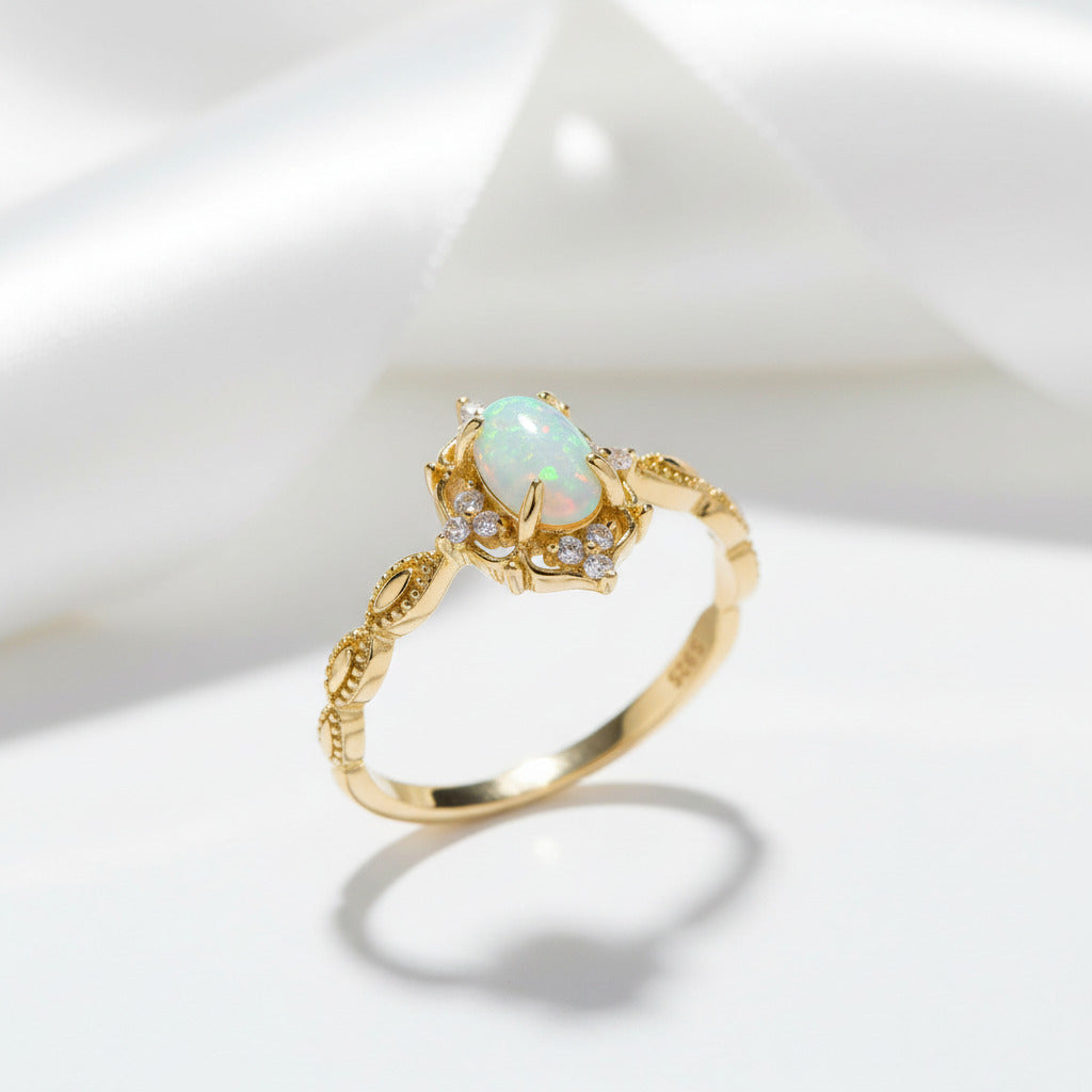 Oval Cut Opal Ring-Black Diamonds New York