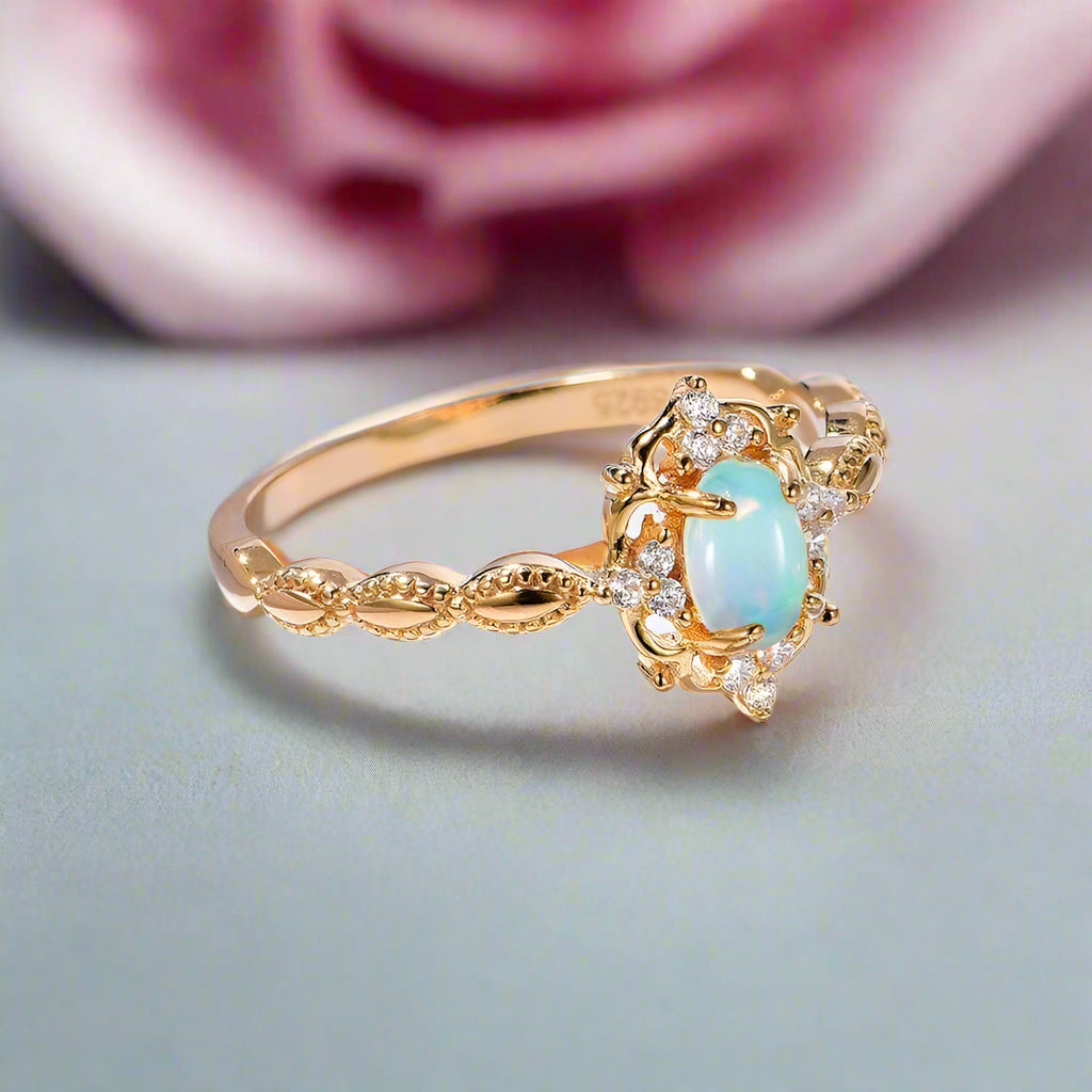 Oval Cut Natural Opal Ring-Black Diamonds New York