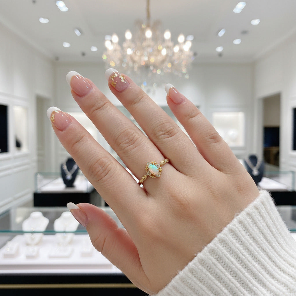 Oval Cut Opal Ring-Black Diamonds New York