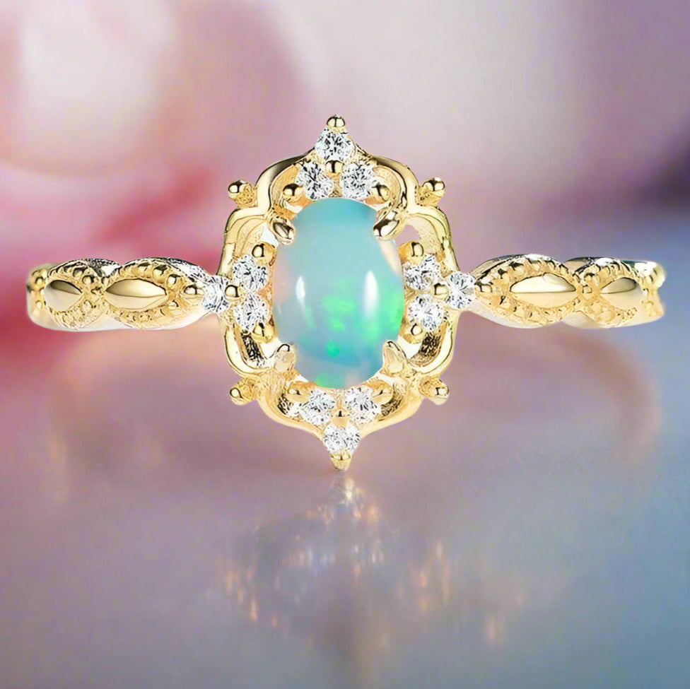 Oval Cut Natural Opal Ring-Black Diamonds New York