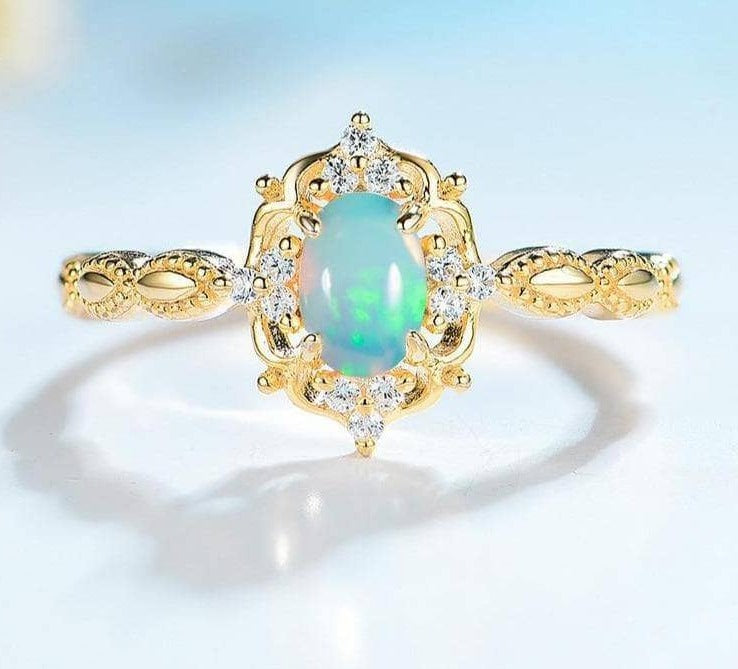 925 Sterling Silver Natural Opal Gemstone Ring - Black Diamonds New York