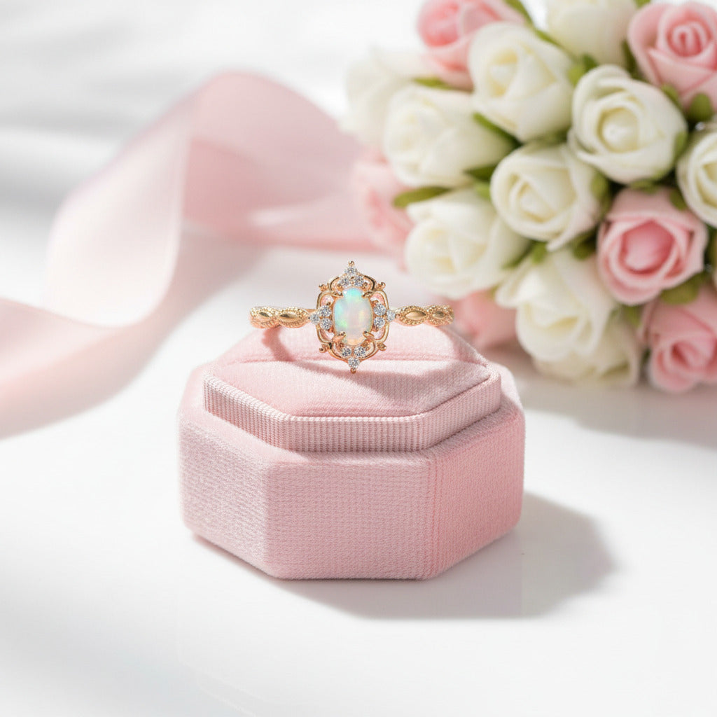 Oval Cut Opal Ring-Black Diamonds New York