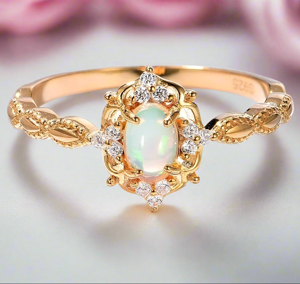 Oval Cut Natural Opal Ring-Black Diamonds New York