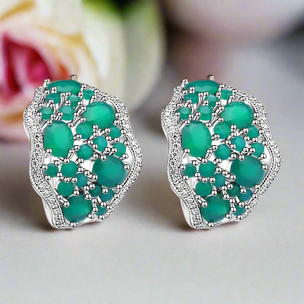 9.54Ct Natural Green Agate Vintage Stud Earrings-Black Diamonds New York