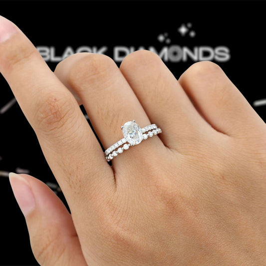9k White Gold Oval Cut Moissanite Half Eternity Wedding Ring Set - Black Diamonds New York