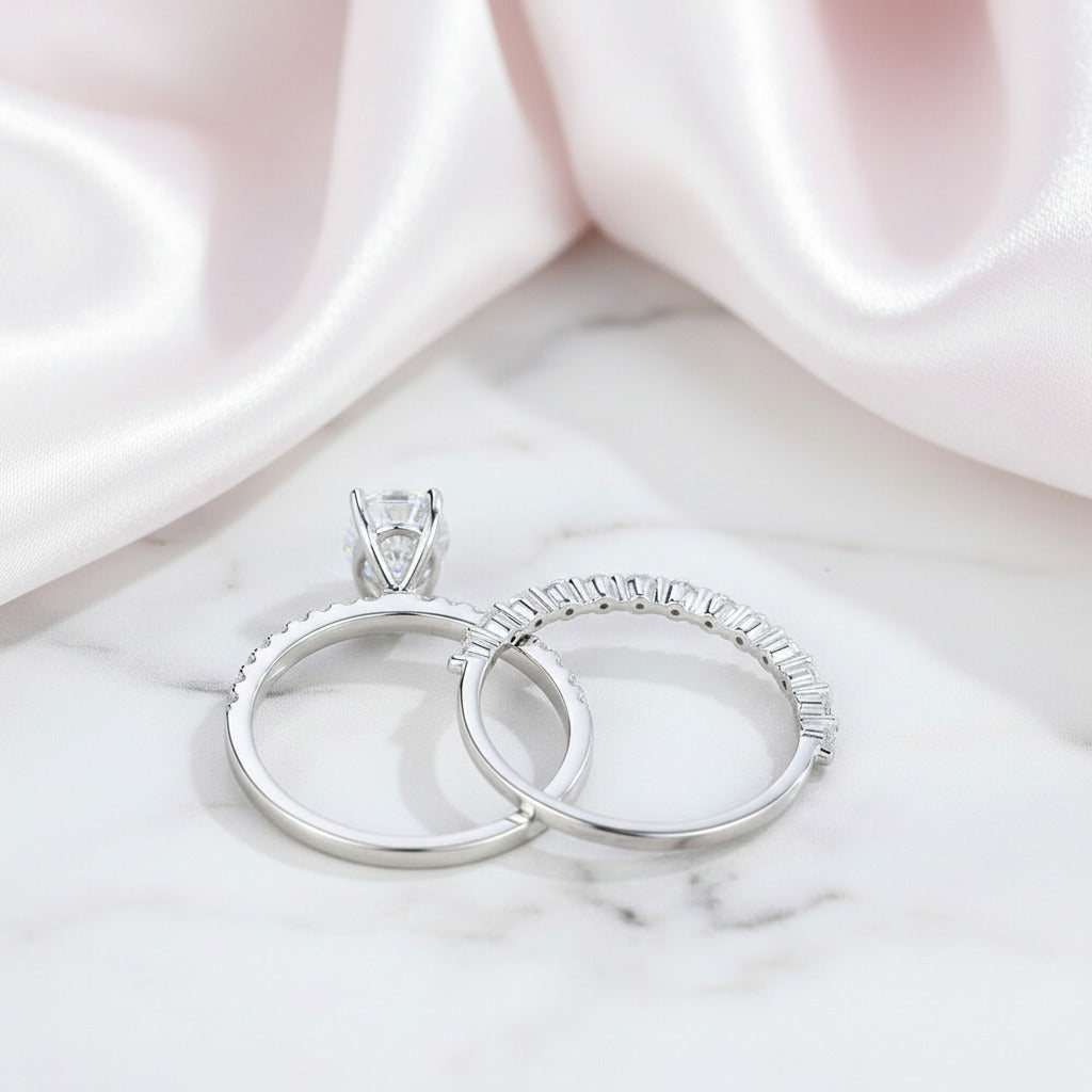 9k White Gold Oval Cut Diamond Option Half Eternity Wedding Ring Set-Black Diamonds New York
