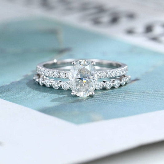 9k White Gold Oval Cut Diamond Half Eternity Wedding Ring Set-Black Diamonds New York