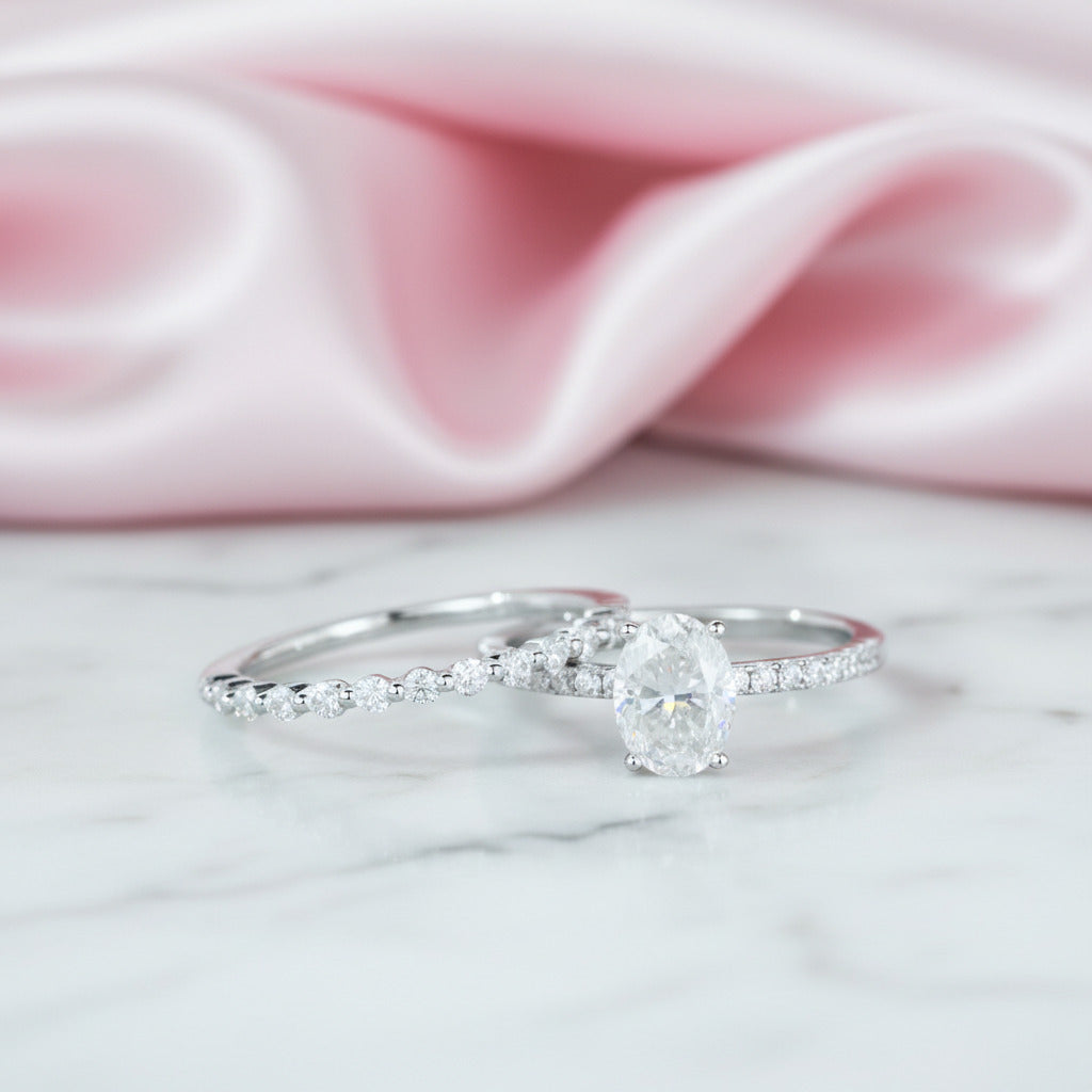 9k White Gold Oval Cut Diamond Option Half Eternity Wedding Ring Set-Black Diamonds New York