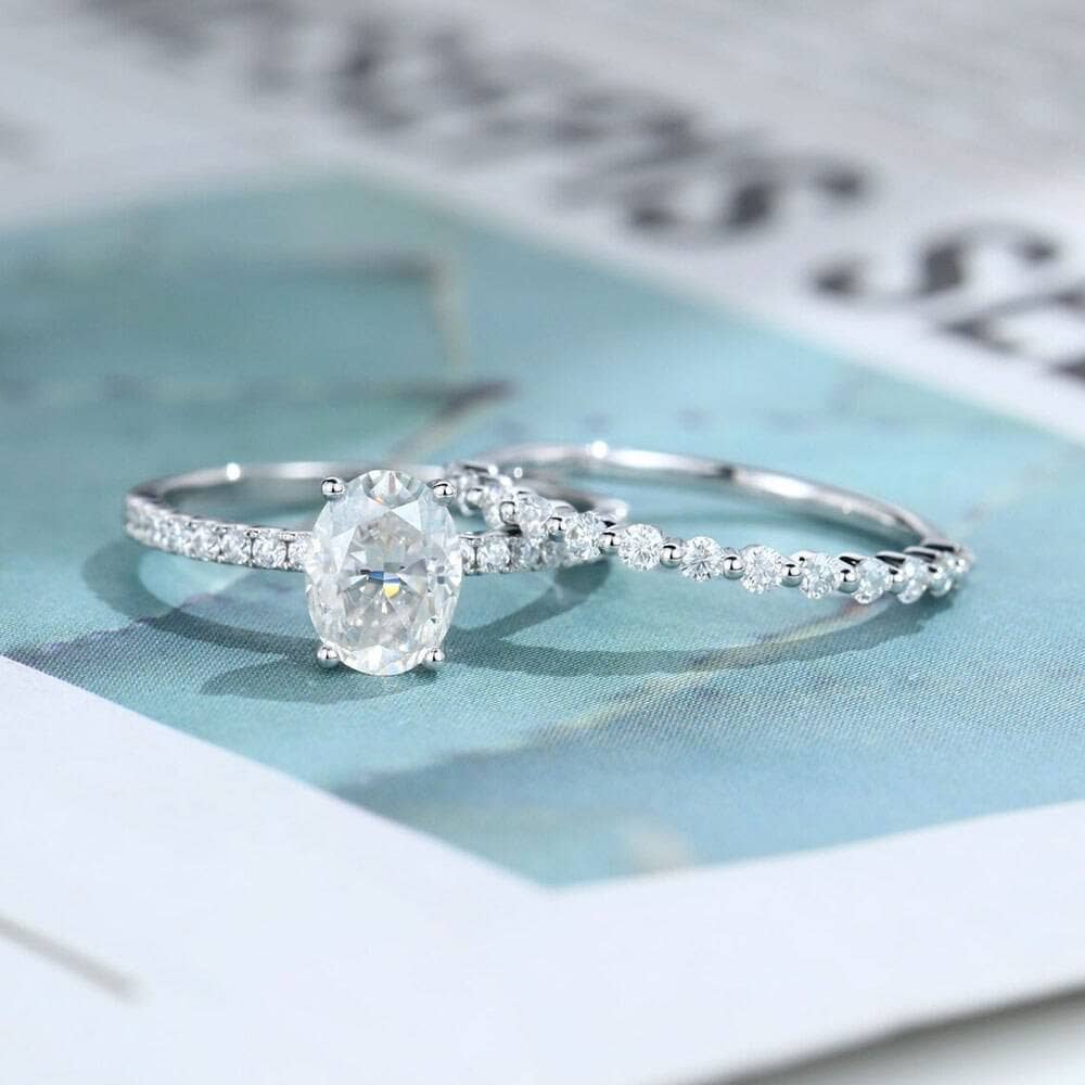 9k White Gold Oval Cut Diamond Half Eternity Wedding Ring Set-Black Diamonds New York