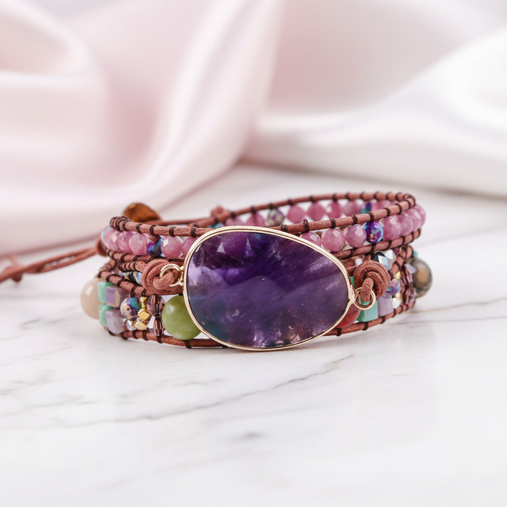 Amethyst & Mixed Natural Stones Handmade Bohemian Bracelet-Black Diamonds New York