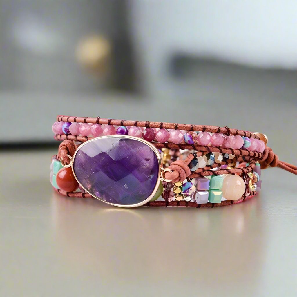 Amethyst & Mixed Natural Stones Handmade Bohemian Bracelet-Black Diamonds New York