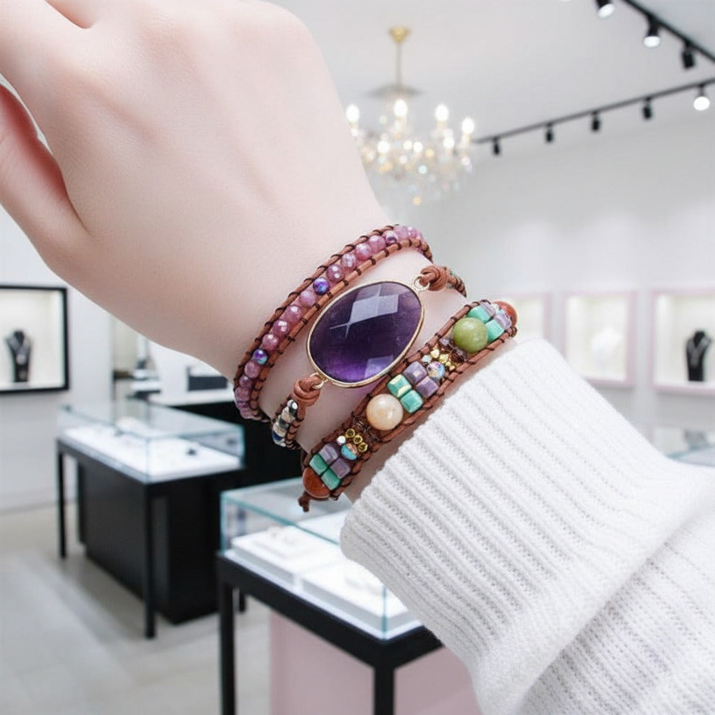 Amethyst & Mixed Natural Stones Handmade Bohemian Bracelet-Black Diamonds New York