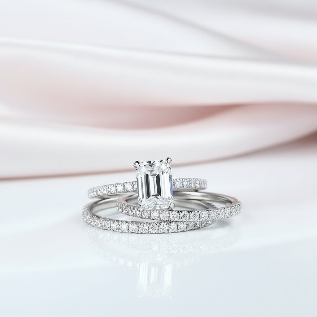 14k White Gold 2.0 Ct Emerald Cut Diamond Option Hidden Halo Engagement Ring Set-Black Diamonds New York