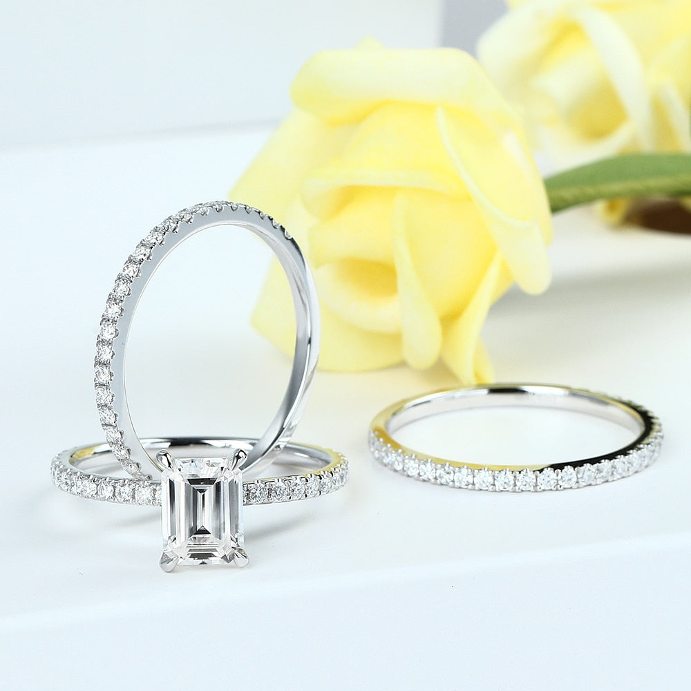 14K White Gold 2ct Emerald Cut Diamond Hidden Halo Engagement Ring Set-Black Diamonds New York